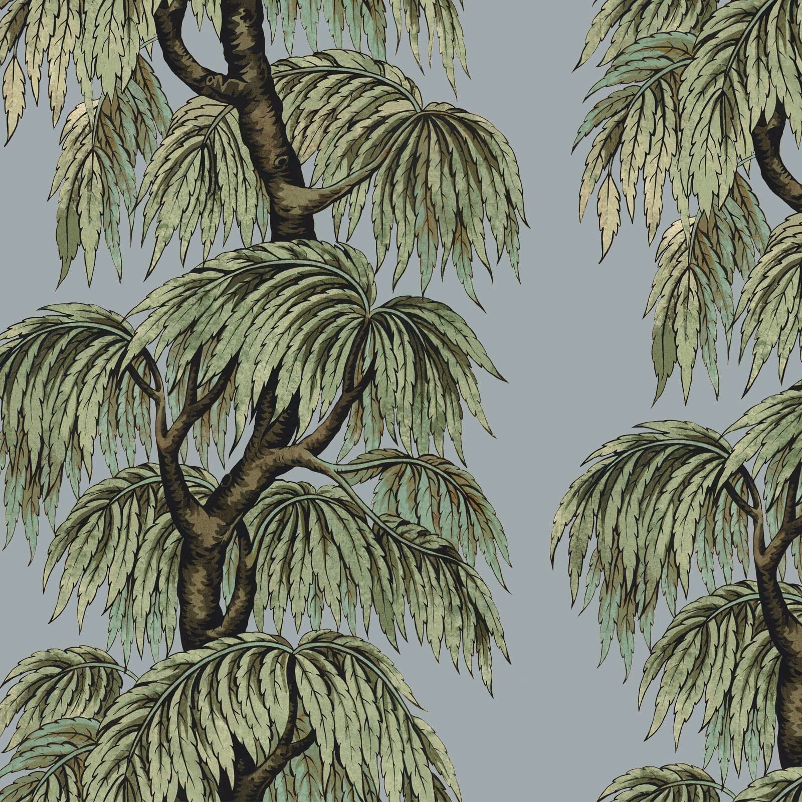 Large willow trees in sage green and brown on a cool dove-grey blue ground