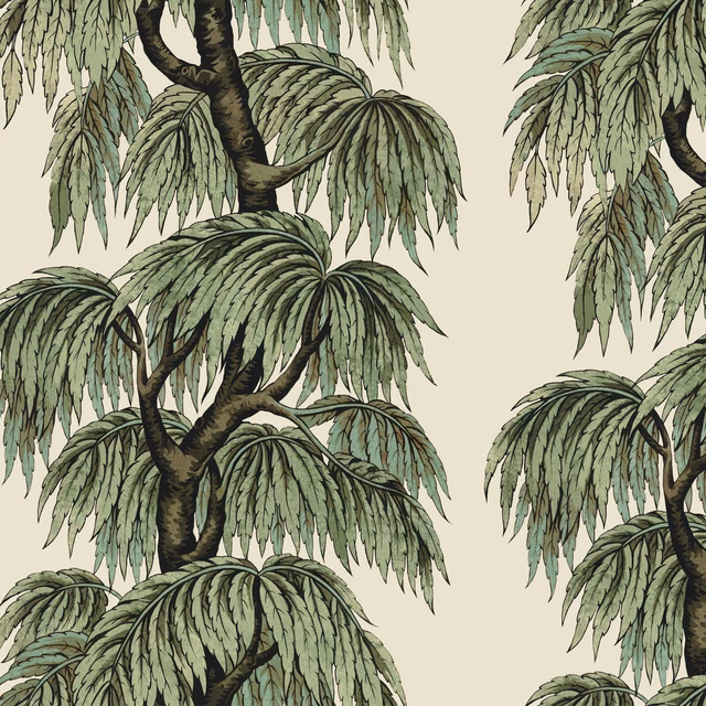 Papyrus wallpaper with muted sage willow leaves and dark branching trunks