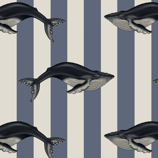 Cool denim stripes with near-black whale illustrations and ivory underbellies