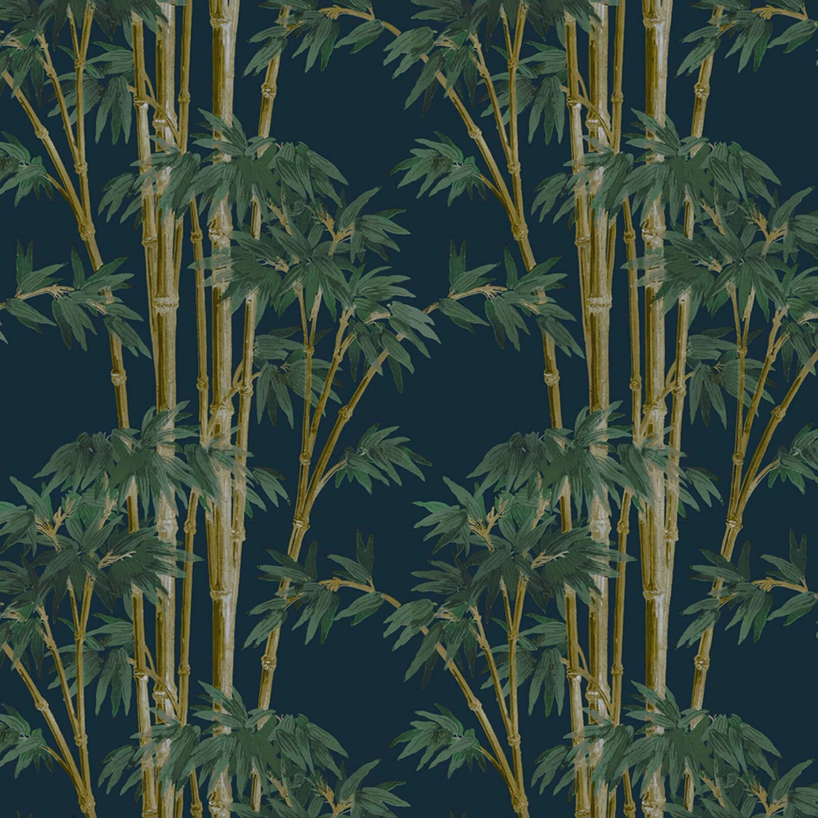 Midnight blue-green wallpaper with layered bamboo stems, leaves and muted gold highlights