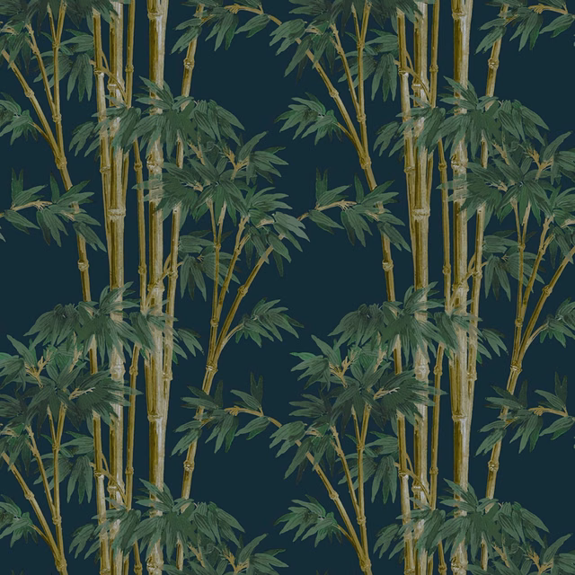 Midnight blue-green wallpaper with layered bamboo stems, leaves and muted gold highlights