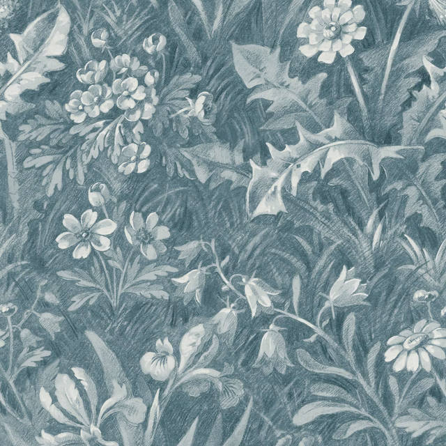 Blue-grey teal wallpaper with pale flowers, layered leaves and fine botanical linework