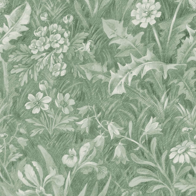 Muted grass-green botanical wallpaper with pale blossoms, seedheads and brushed foliage