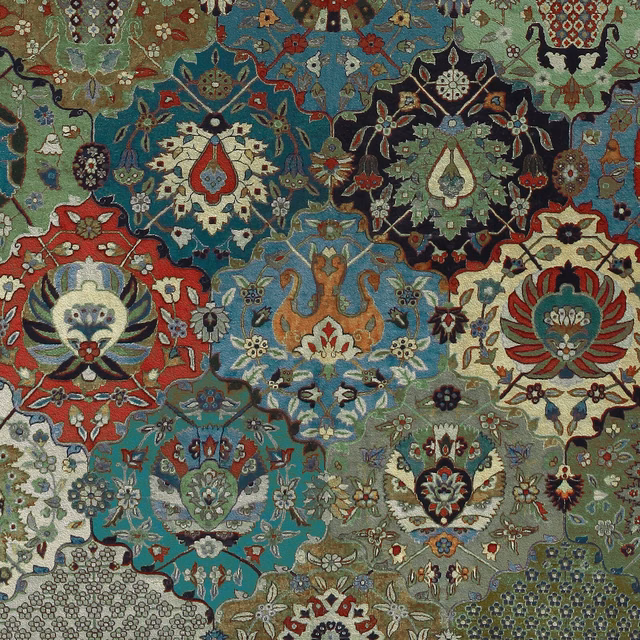 Deep forest green wallpaper with teal, crimson, cream and charcoal floral medallions