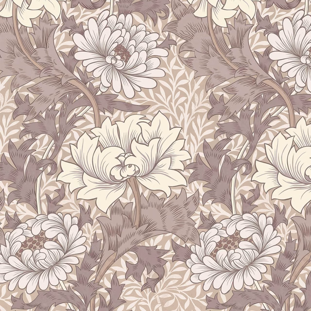 Astrantia wallpaper with cream chrysanthemums, mauve-taupe leaves and a warm taupe ground