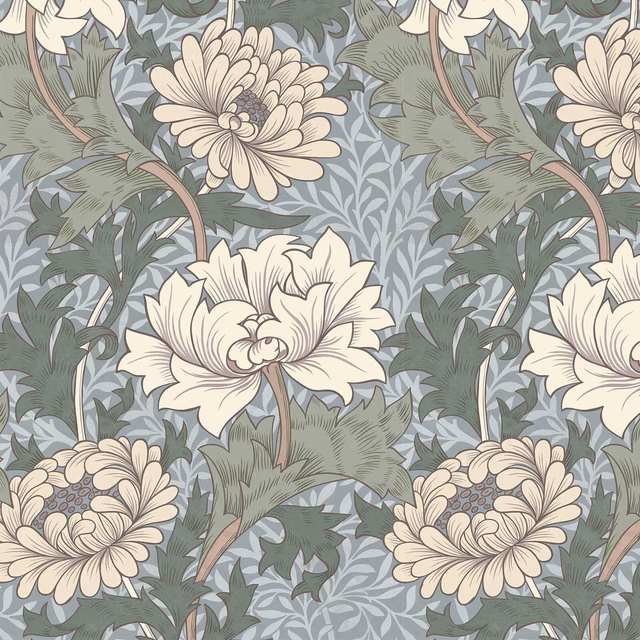 Large cream chrysanthemums and sage foliage on a dusty blue-grey botanical wallpaper ground