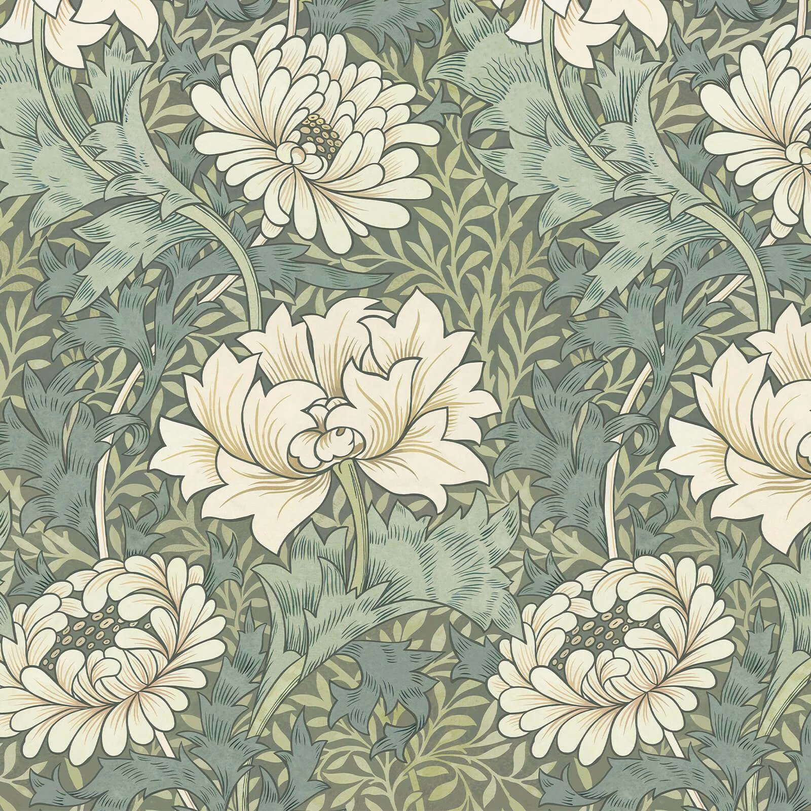 Sap wallpaper with cream chrysanthemums, sage leaves and fine botanical linework