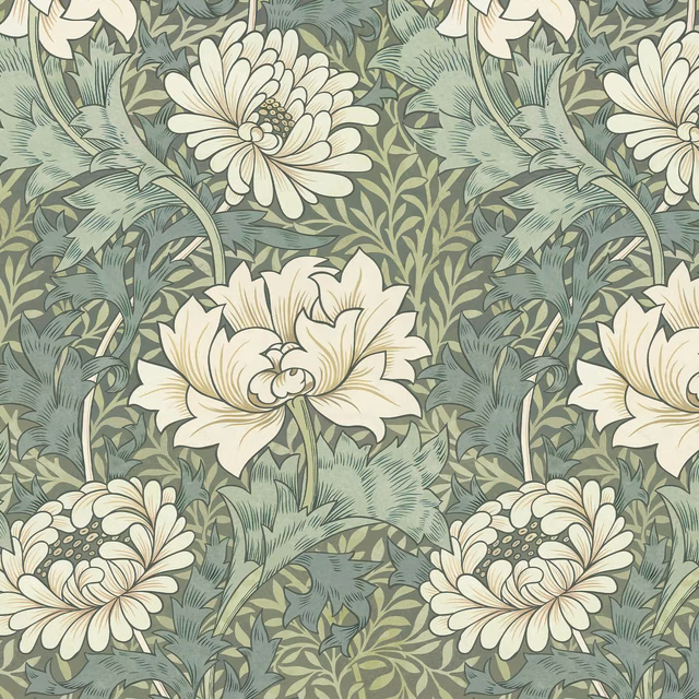 Sap wallpaper with cream chrysanthemums, sage leaves and fine botanical linework