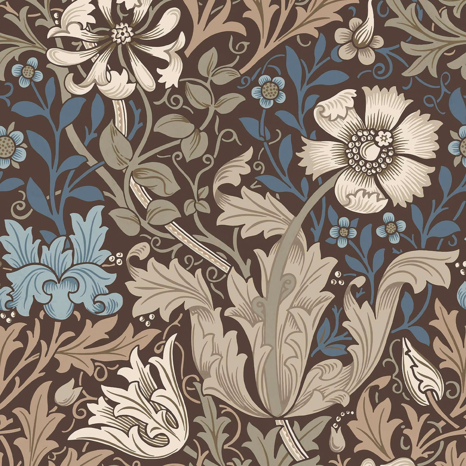 Bark brown floral wallpaper with cream blooms, taupe leaves and muted blue flowers