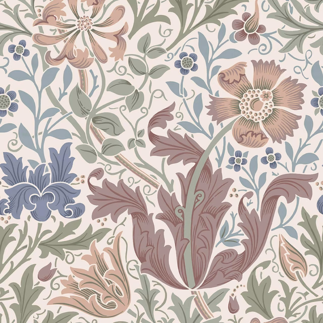 Cream botanical wallpaper with dusty blue, sage, blush and mauve flowers