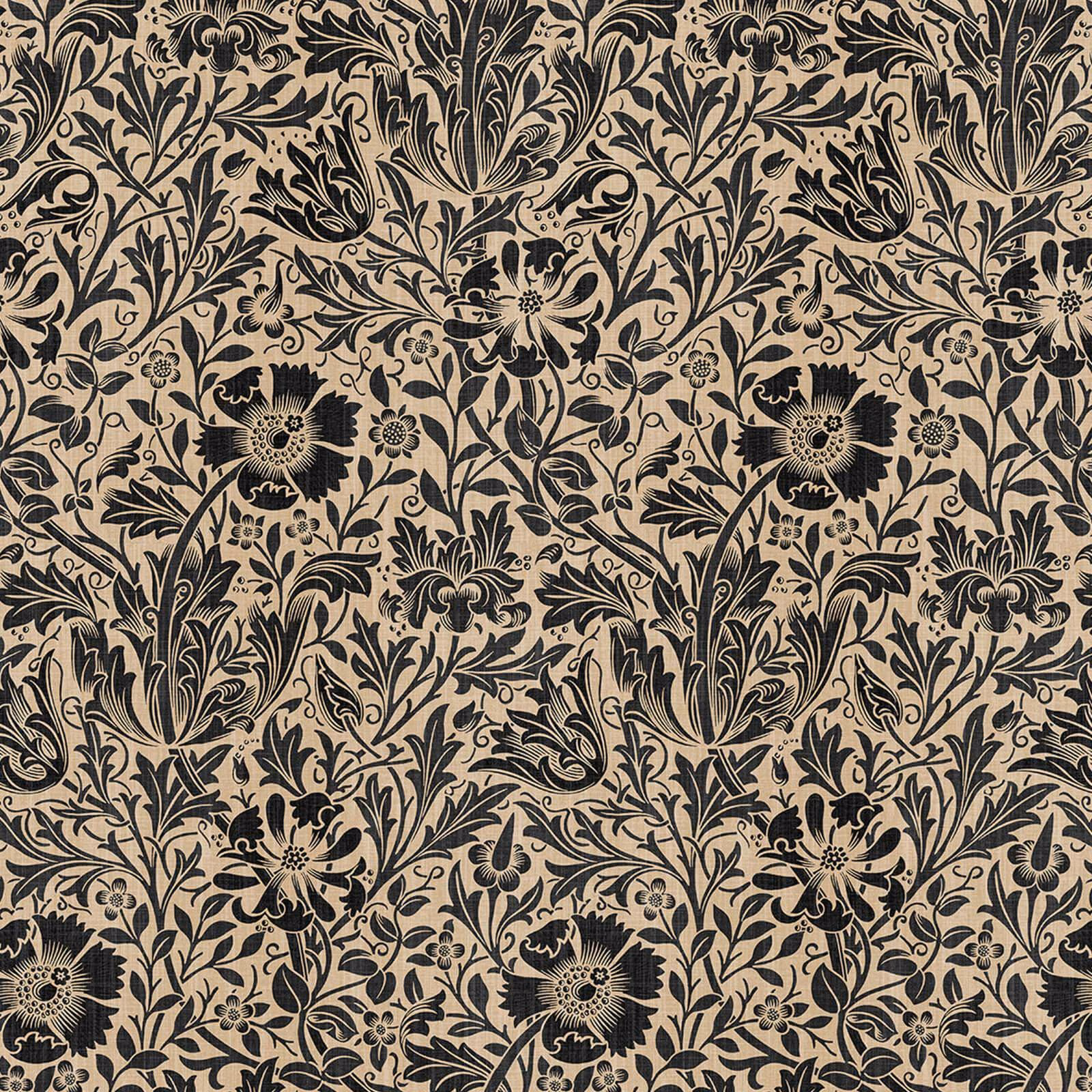 Warm taupe wallpaper with dense black scrolling foliage and stylised flowers