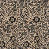 Warm taupe wallpaper with dense black scrolling foliage and stylised flowers