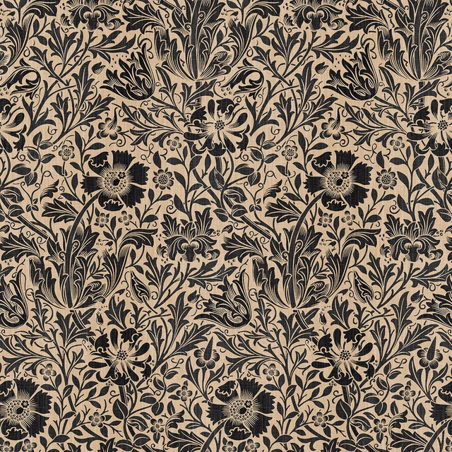 Warm taupe wallpaper with dense black scrolling foliage and stylised flowers