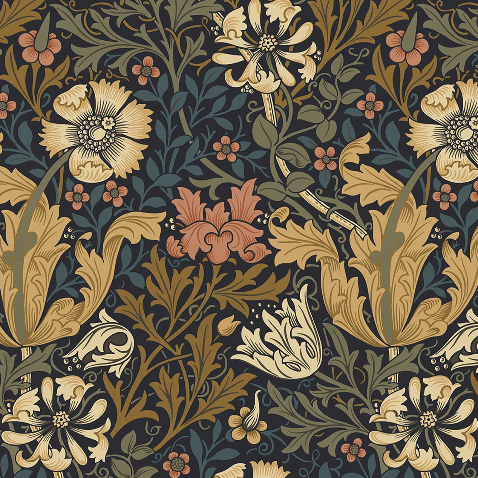 Midnight-blue botanical wallpaper with cream blooms, ochre leaves and terracotta flowers