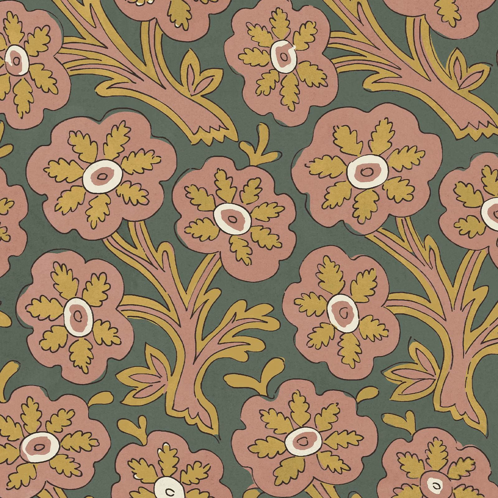 Large dusty pink flowers and mustard foliage on a deep green wallpaper ground