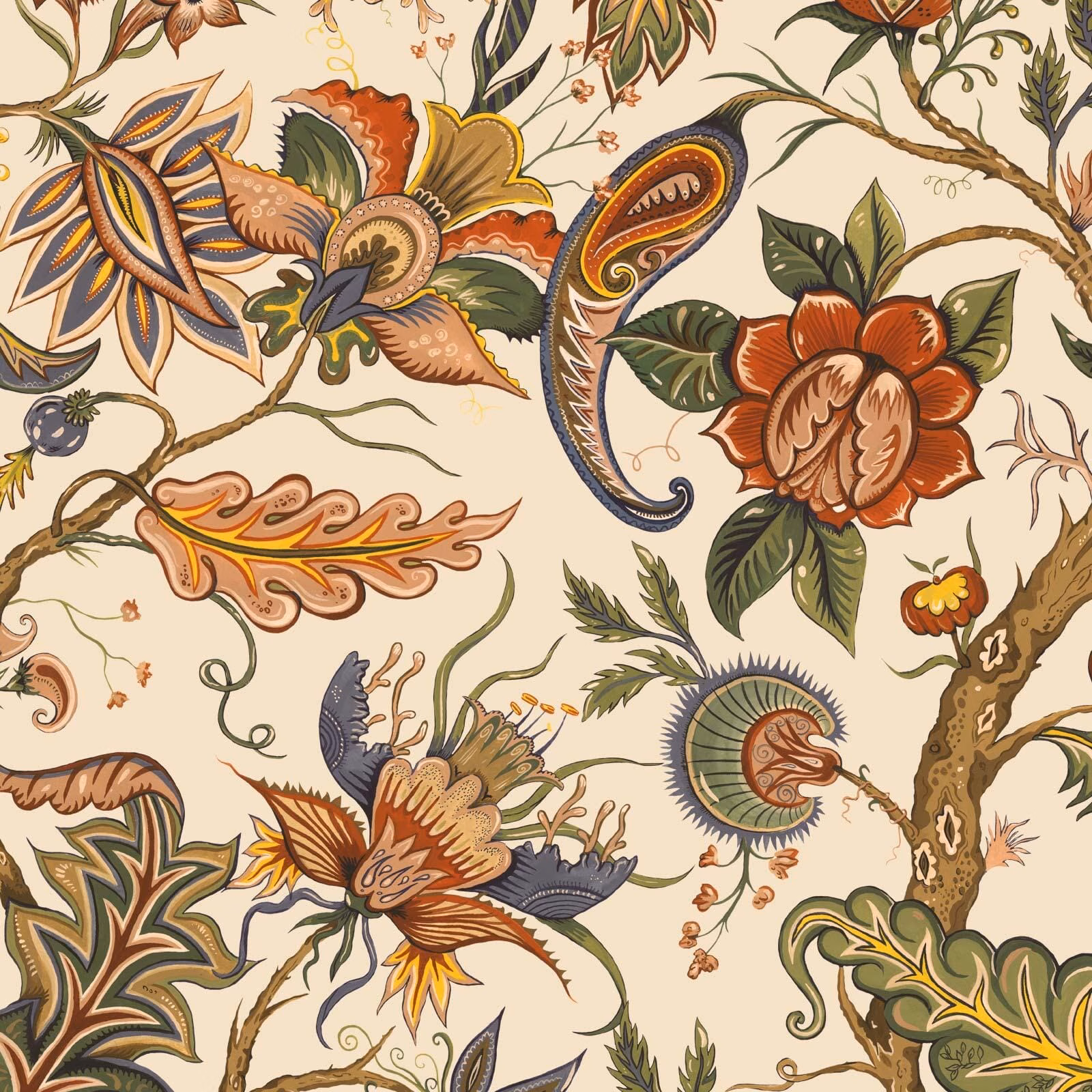 Warm cream wallpaper with large rust, olive and blue botanical paisley motifs