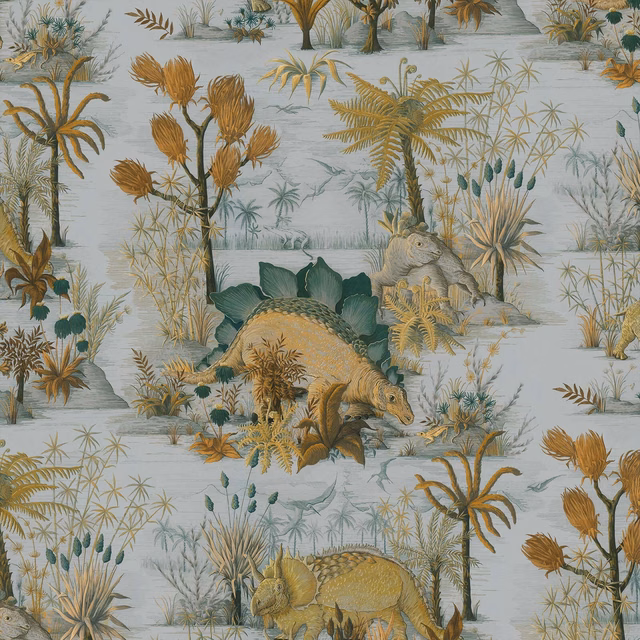 Pale blue-grey wallpaper with ochre dinosaurs, palms, ferns and teal foliage