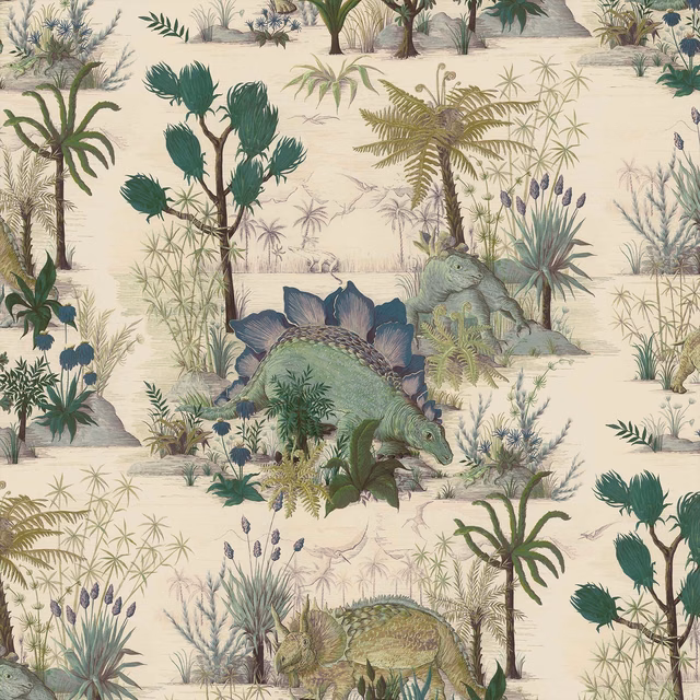 Ecru wallpaper with teal dinosaurs, palms, ferns and fine prehistoric landscape details