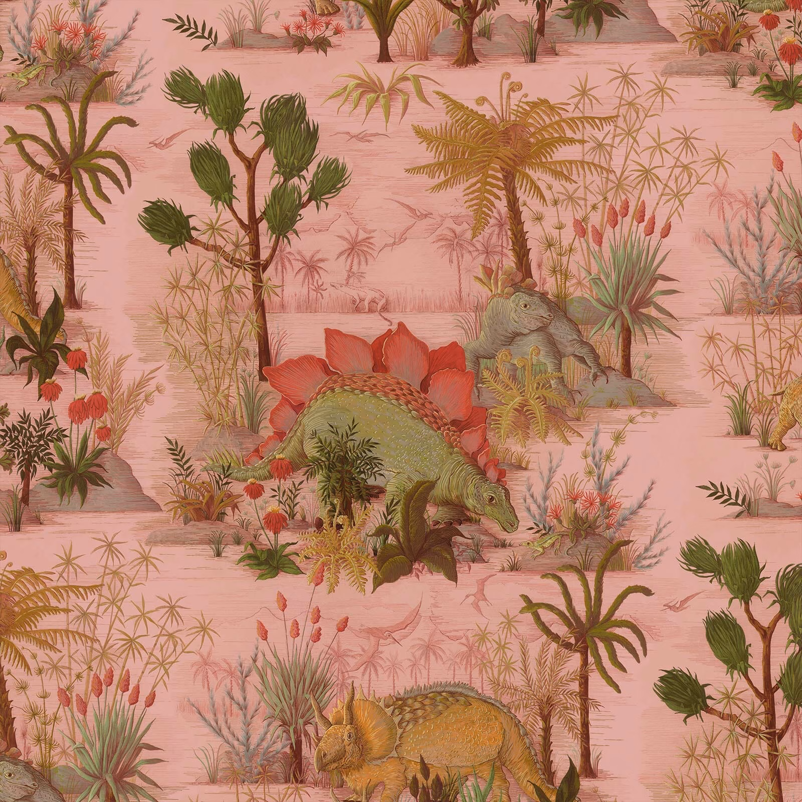 Dusty pink dinosaur wallpaper with green palms, ferns and layered botanical illustration