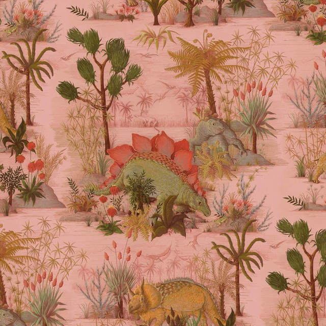 Dusty pink dinosaur wallpaper with green palms, ferns and layered botanical illustration