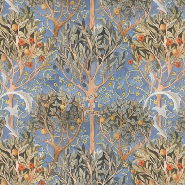 Celestial-blue wallpaper with branching trees, olive foliage, red flowers and fruit