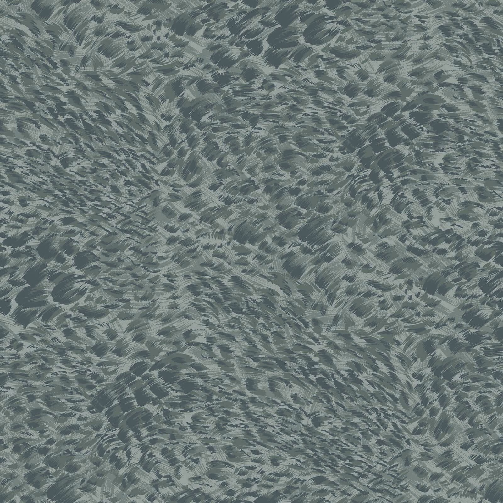 Muted blue-grey teal wallpaper with dense feathery brush marks and layered movement