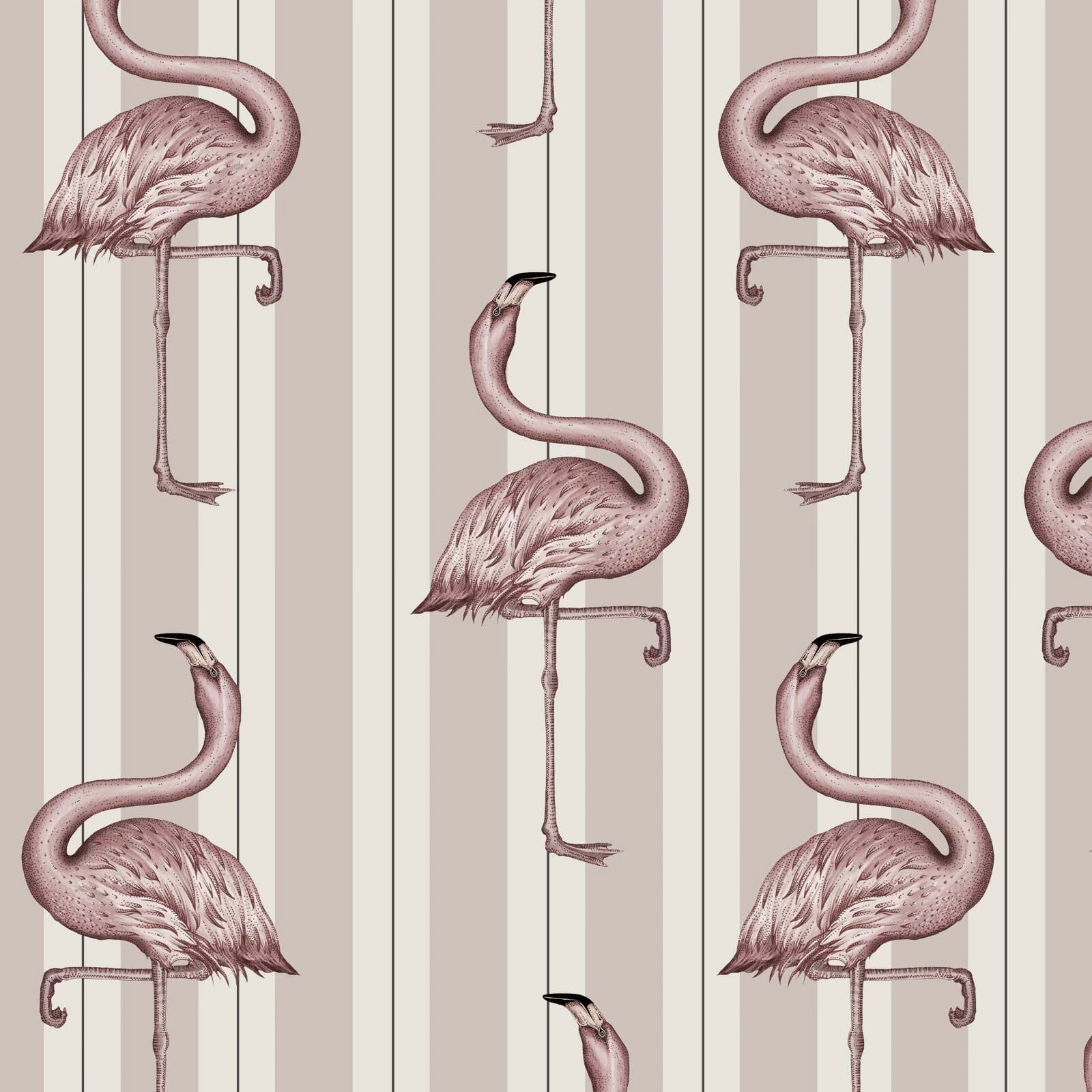 Off-white and macaroon-pink wallpaper with tall flamingos and fine vertical stripes
