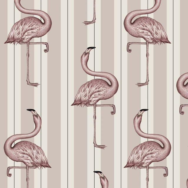 Off-white and macaroon-pink wallpaper with tall flamingos and fine vertical stripes