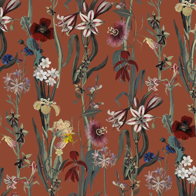 Clay terracotta wallpaper with dense lilies, irises, thistles and blue-green stems