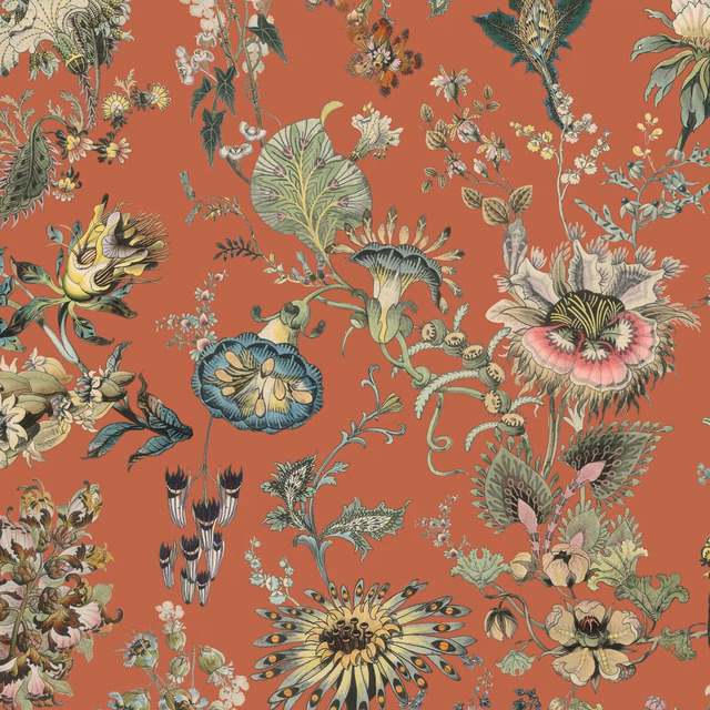 Terracotta wallpaper with large teal, cream, pink and olive botanical flowers