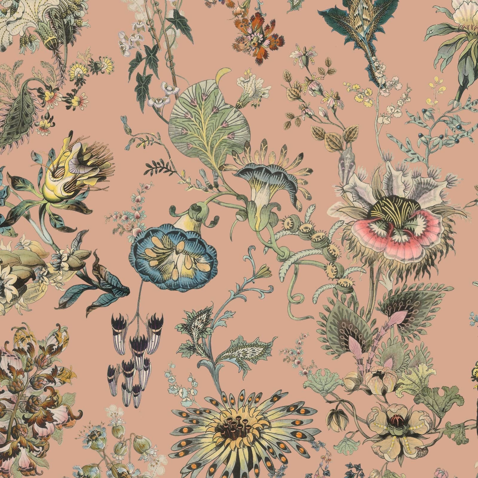 Bisque pink botanical wallpaper with teal flowers, curling stems and illustrative foliage