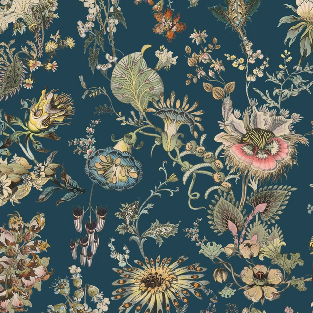 Deep cerulean-teal wallpaper with oversized flowers, leaves and fine curling botanical stems