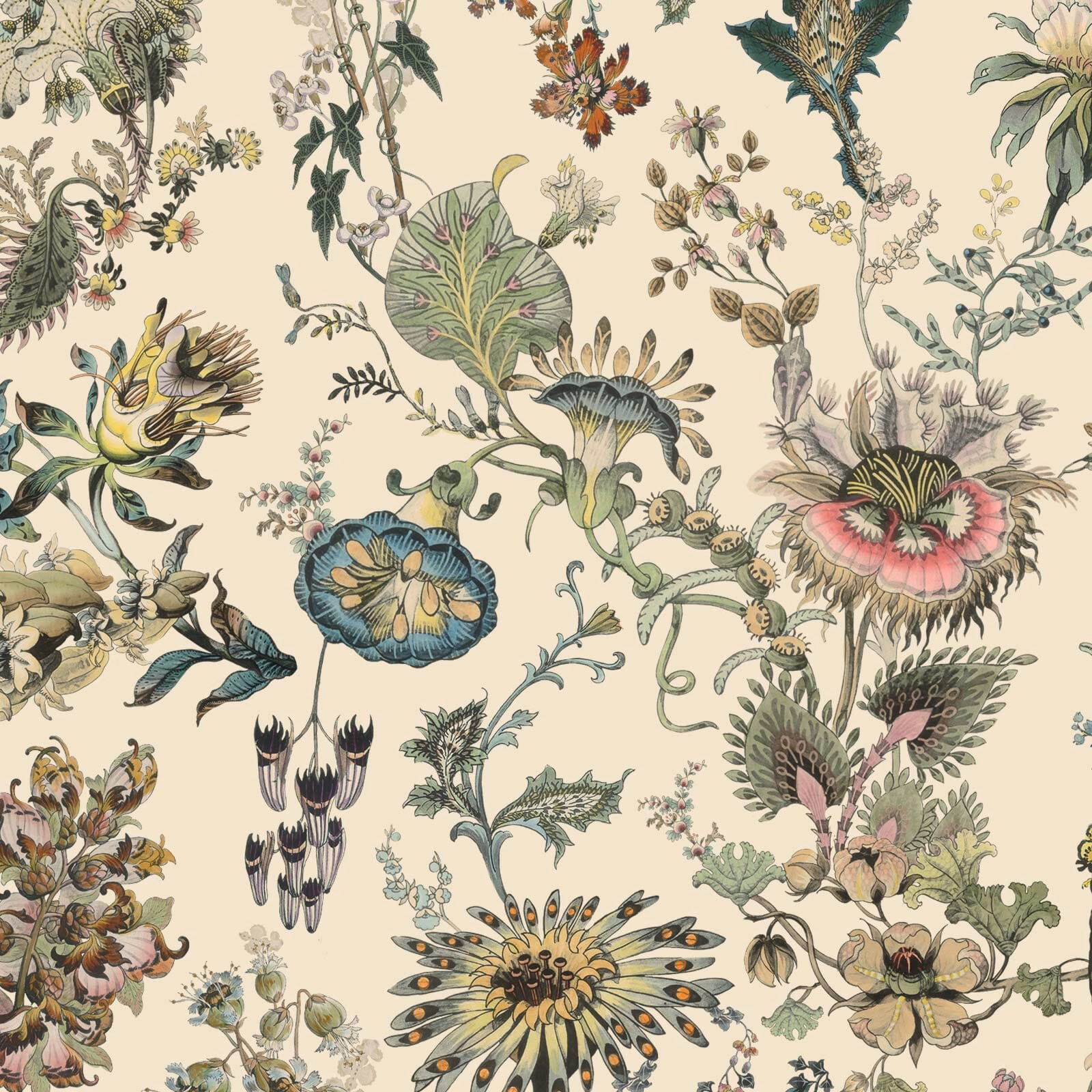 Ecru wallpaper with densely illustrated blue, pink and olive botanical flowers and curling stems