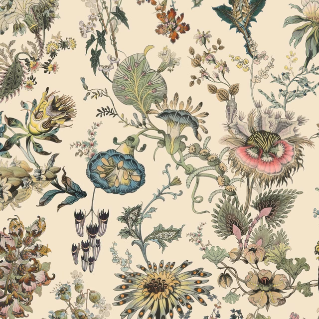 Ecru wallpaper with densely illustrated blue, pink and olive botanical flowers and curling stems