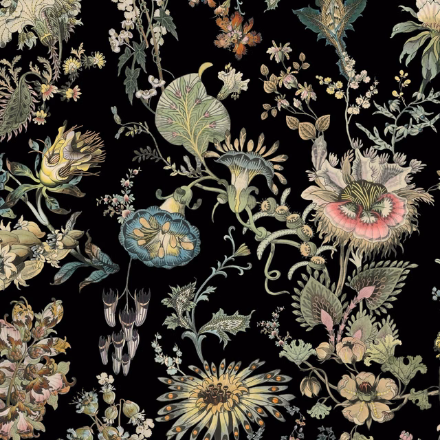 Black wallpaper with dense cream, sage, blush and blue botanical flowers