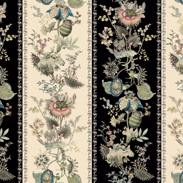 Black and ivory striped wallpaper with blue, sage and pink botanical panels