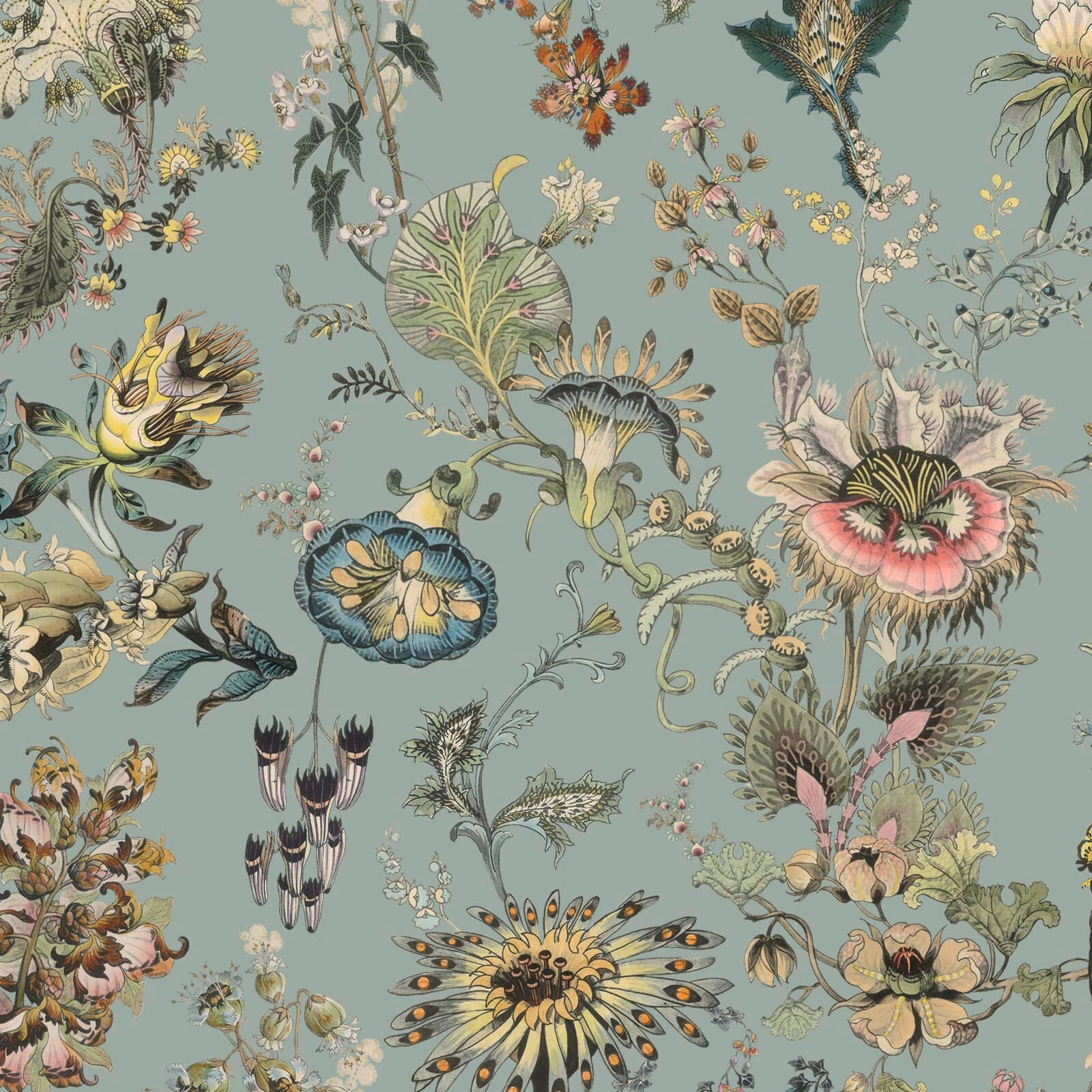 Muted sky blue botanical wallpaper with oversized flowers, curling stems and fine illustrated foliage