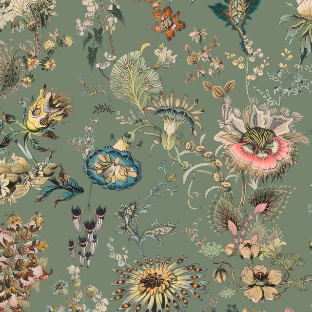 Muted verdigris wallpaper with coral, yellow and teal botanical blooms in detailed illustration