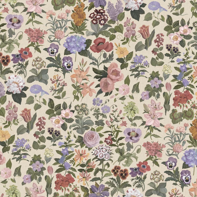 Ecru wallpaper covered in dense muted pink, lilac, sage and ochre flowers