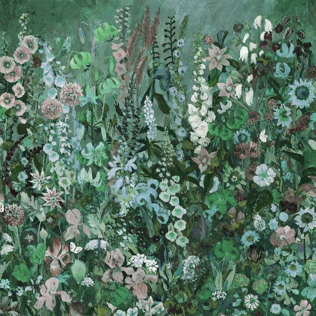 Dense painterly wildflowers in cool verdant green, teal, white and blush