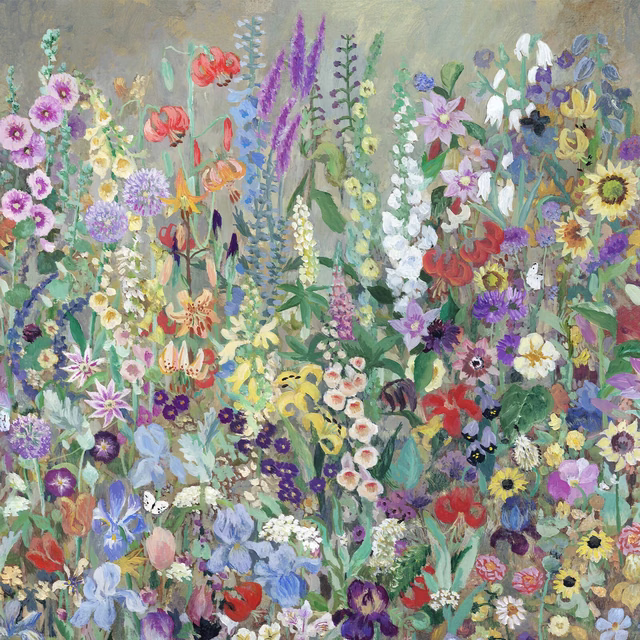 Dense painterly meadow wallpaper with coral, violet, blue and yellow flowers on sage grey