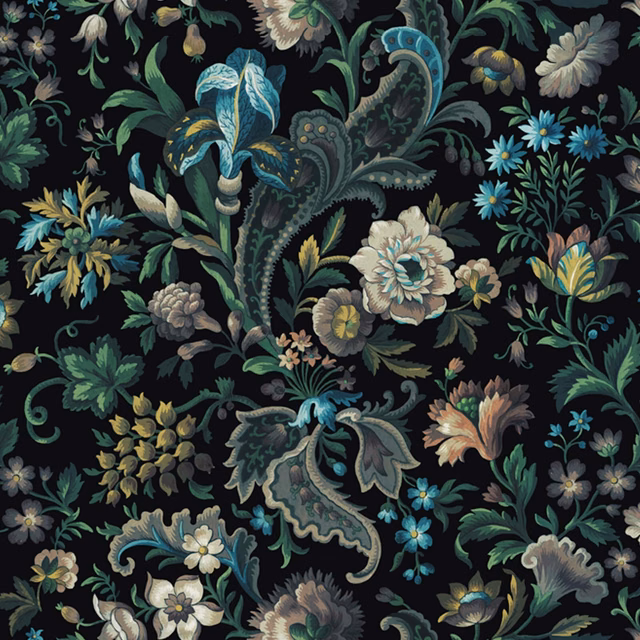 Onyx wallpaper with jewel-toned florals and curling foliage on an inky black ground