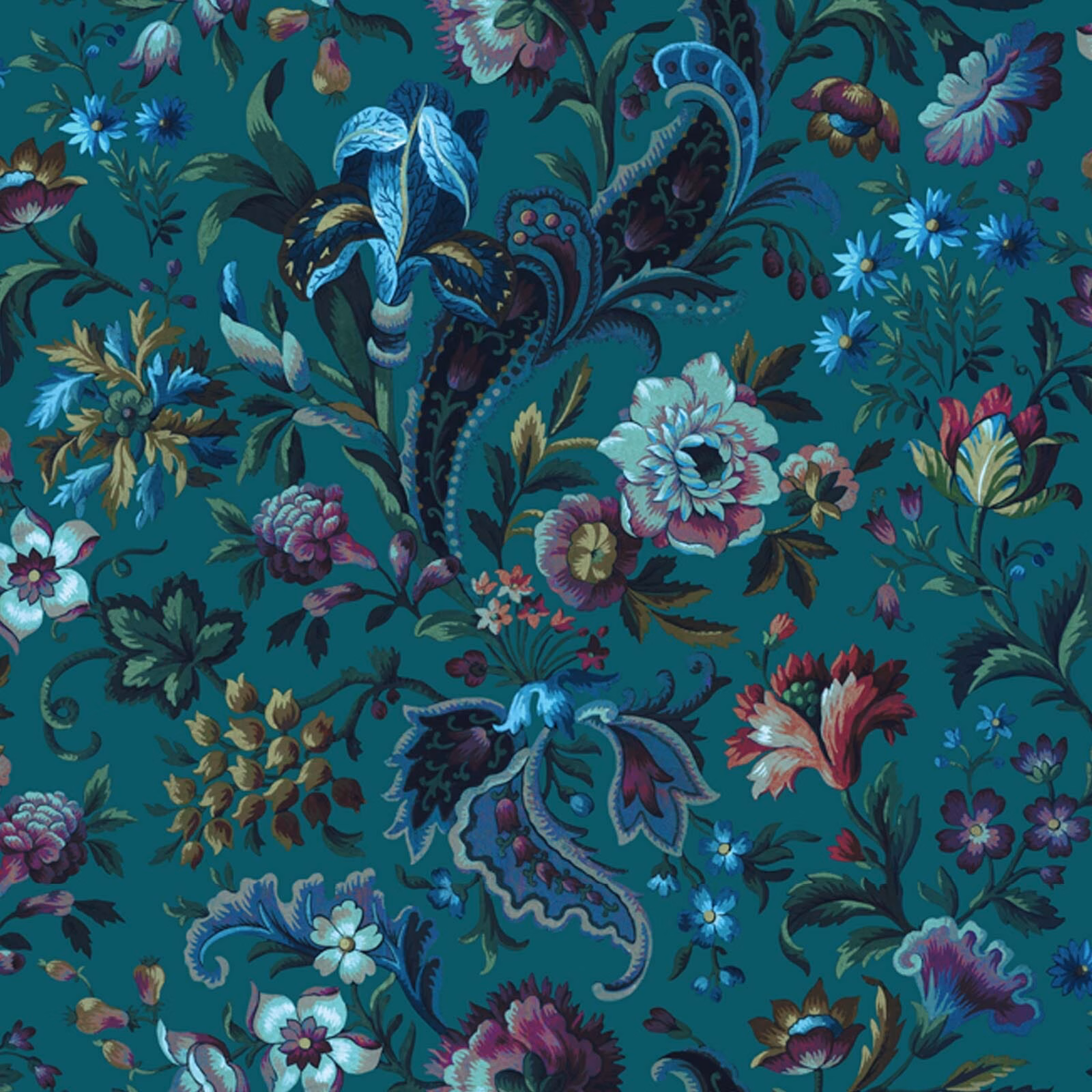 Dense botanical wallpaper in petrol teal with blue flowers, paisley leaves and coral accents