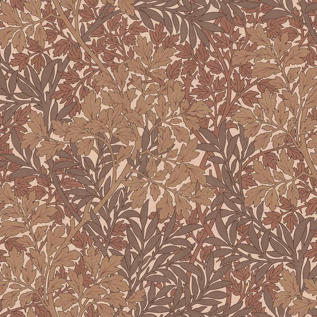Dense botanical wallpaper in warm brown, taupe and muted terracotta leaves