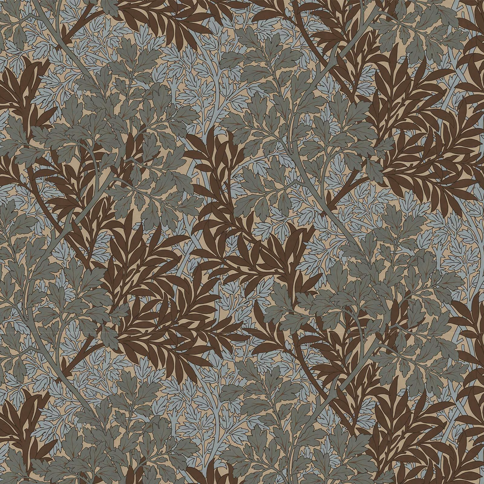 Dense Forest botanical wallpaper with brown branches, sage foliage and dusty blue leaves