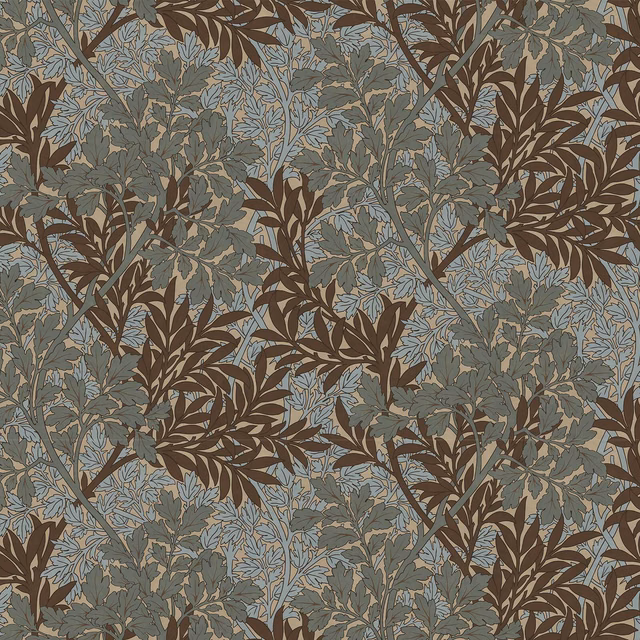 Dense Forest botanical wallpaper with brown branches, sage foliage and dusty blue leaves