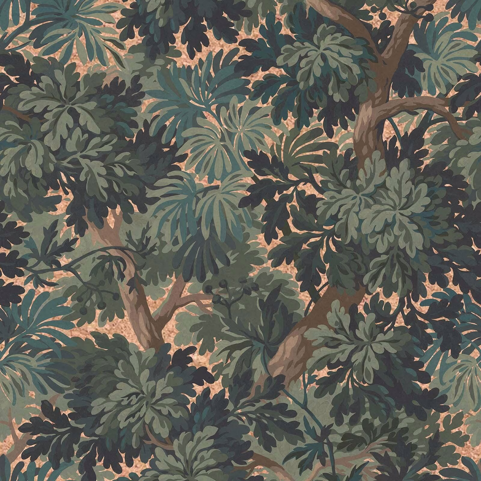 Dense cerulean teal wallpaper with layered leaves, twisting branches and muted peach highlights