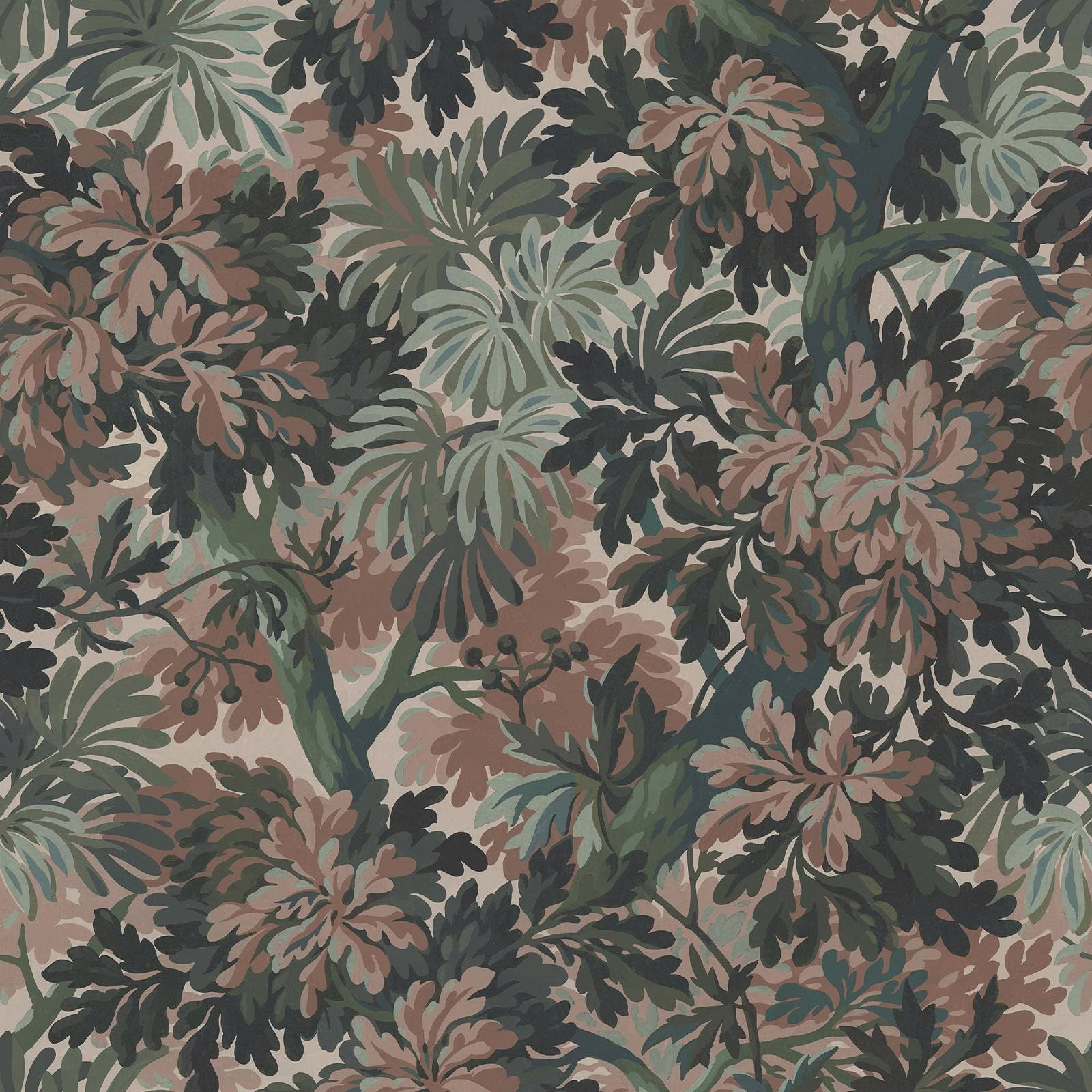 Tourmaline wallpaper with dense sage foliage, charcoal leaves and dusty rose flowers