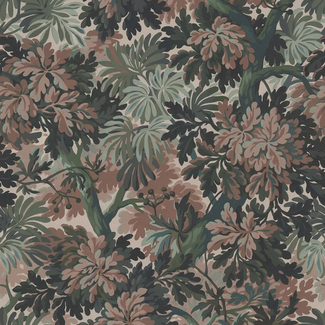 Tourmaline wallpaper with dense sage foliage, charcoal leaves and dusty rose flowers