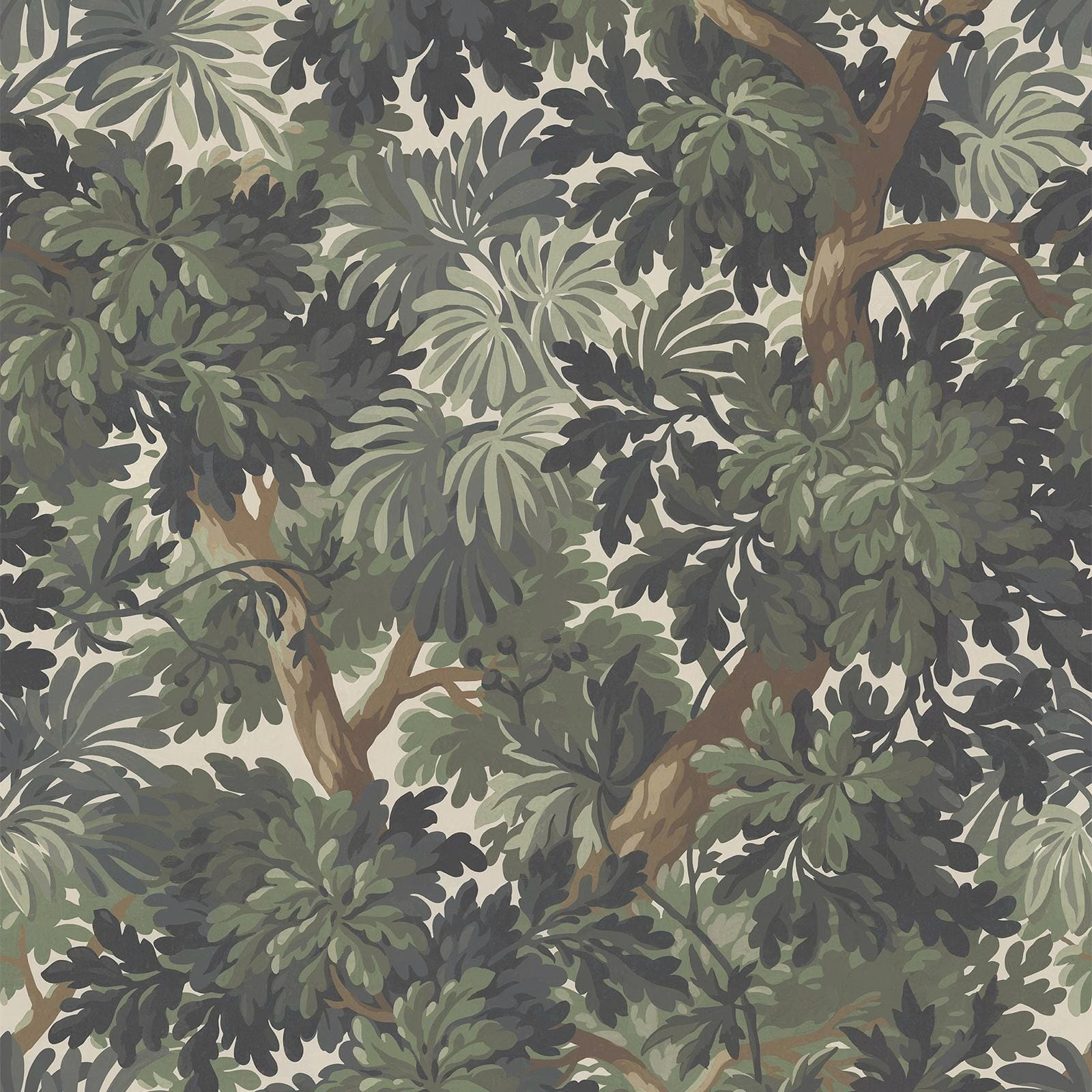 Dense Verdure wallpaper with olive foliage, charcoal leaves and branching brown trees